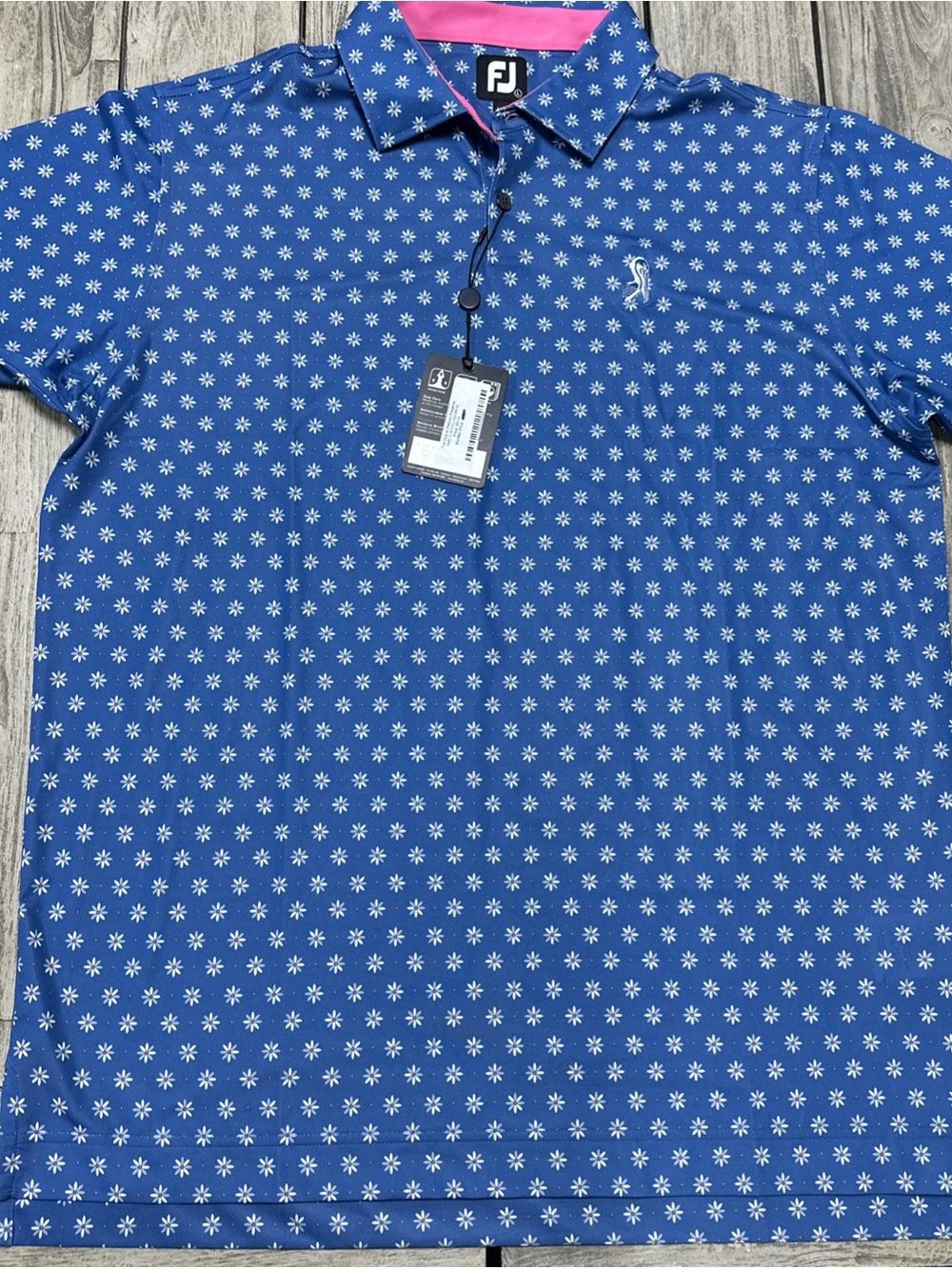 NWT FootJoy Flower Foulard Lisle Self Collar Performance Polol Blue Golf